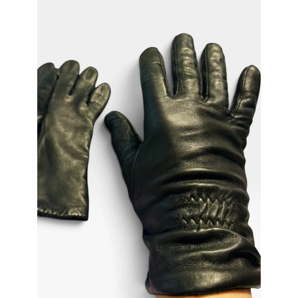 Downed womens Black Leather Gloves Soft Lined Elastic Wrist Winter Accessories S